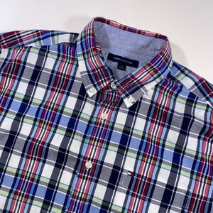 Tommy Hilfiger‎ Mens Large Plaid Short Sleeve Button Down Shirt Blue Red White